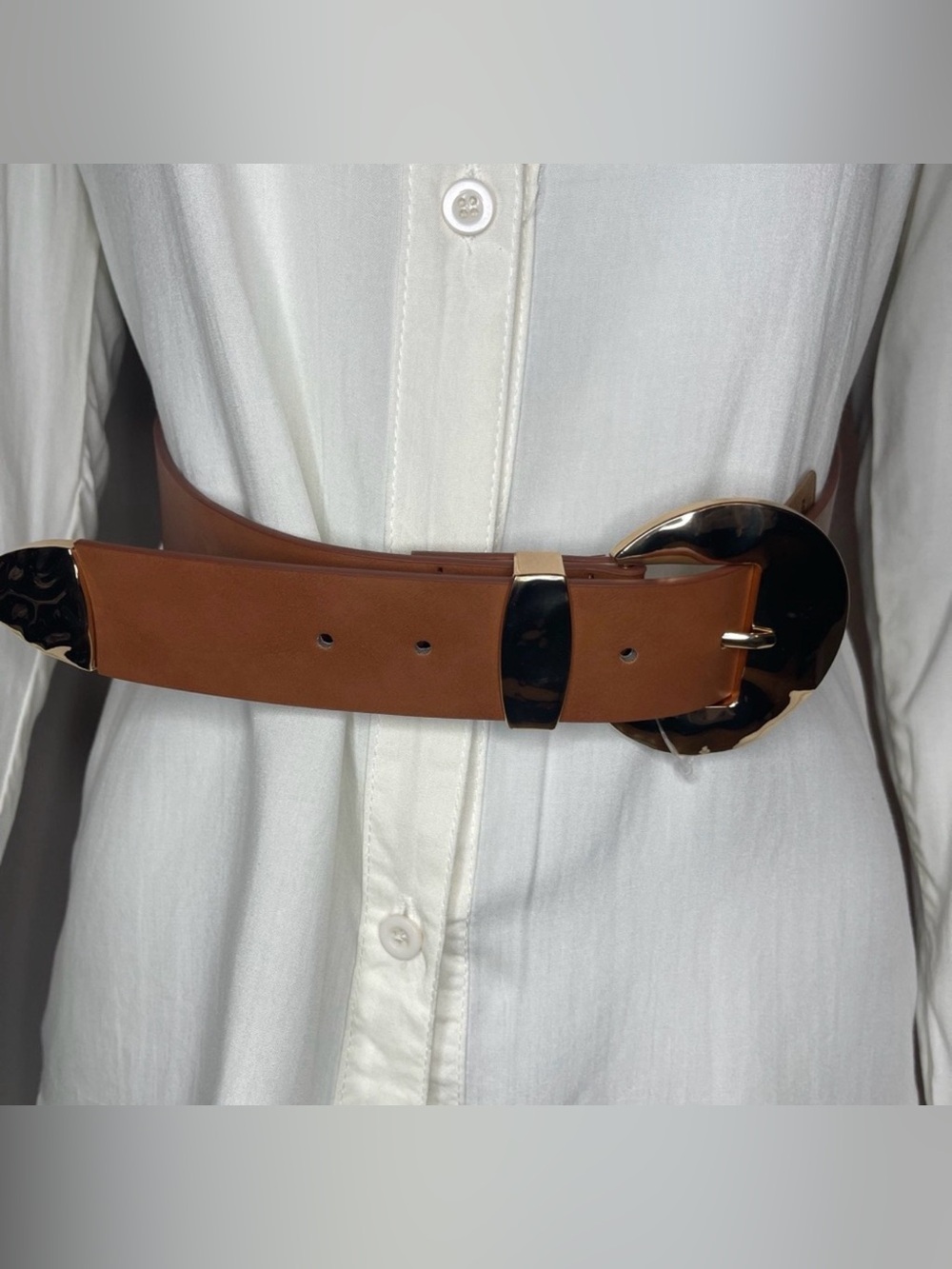 Brown PU leather gold tone buckle belt